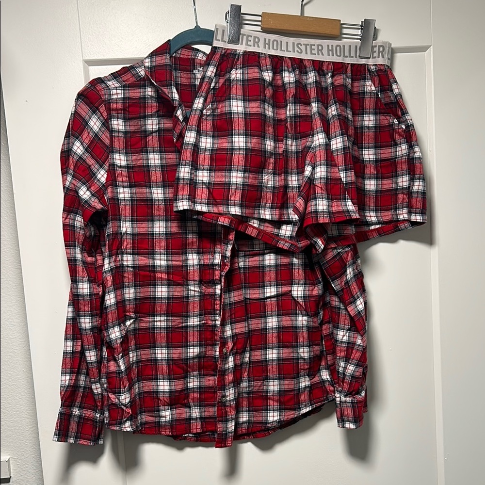 Hollister Red and White Plaid Shirt and Shorts Pajama Set